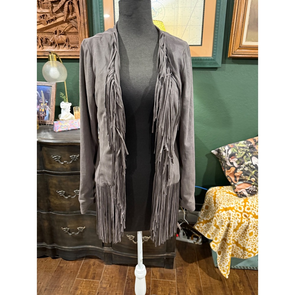XXI Forever 21 Womens Faux Suede Fringe Open Front Jacket Taupe Gray Medium Boho